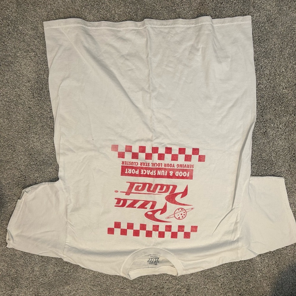 White Graphic Pizza Parlor T‑Shirt with Red Print